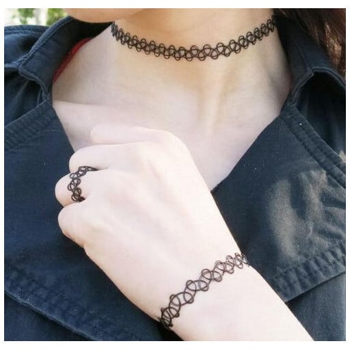 Collier ras du cou effet tatouage (avec bracelet + bague)