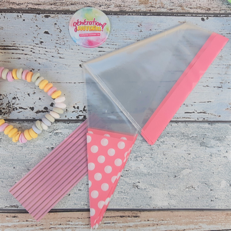Sachet de bonbons cône rose à pois blanc - Lot de 10
