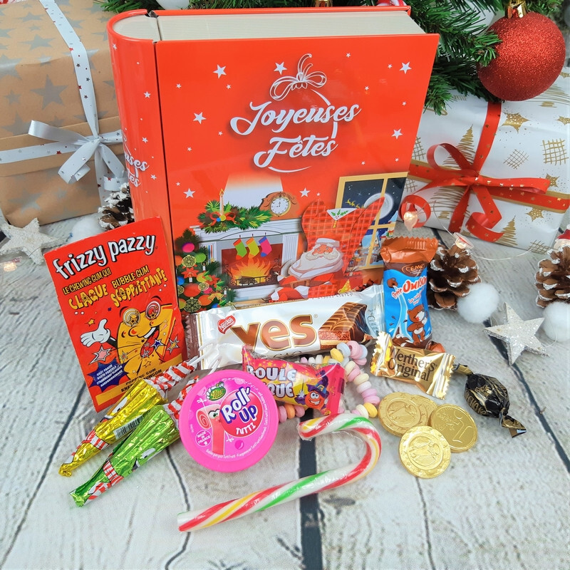 Boîte métal - Livre remplie de friandises et chocolats de Noël