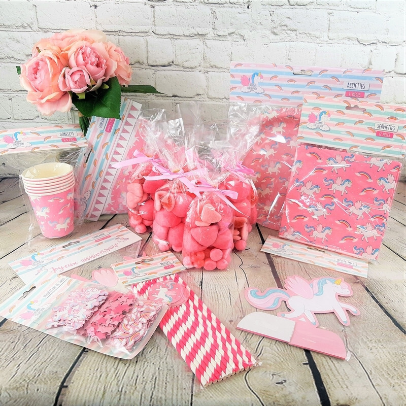 Kit Anniversaire Licorne avec sachets de bonbons - 6 Personnes