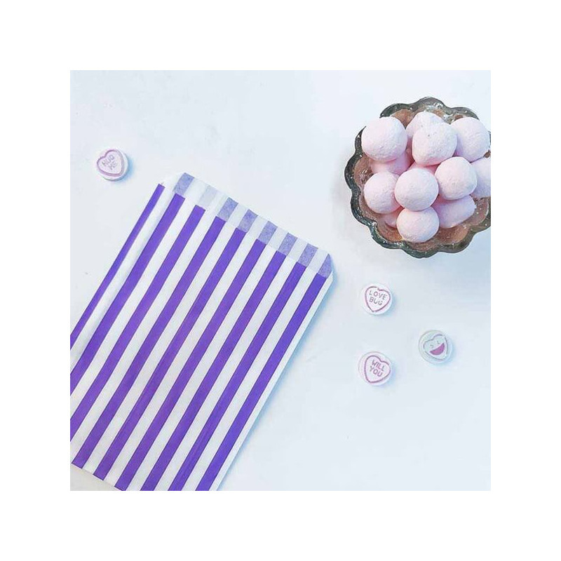 Sachet de bonbon rétro à rayures violettes et blanches - Lot de 10