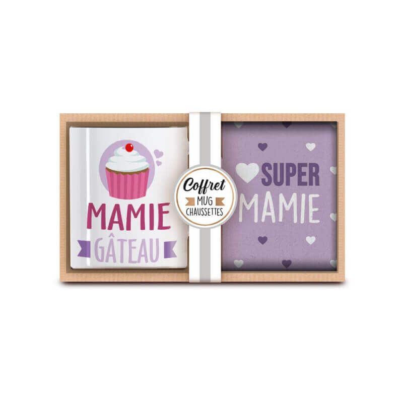 Coffret cadeau mug et chaussettes Super Mamie - Cadeau Grand-Mère
