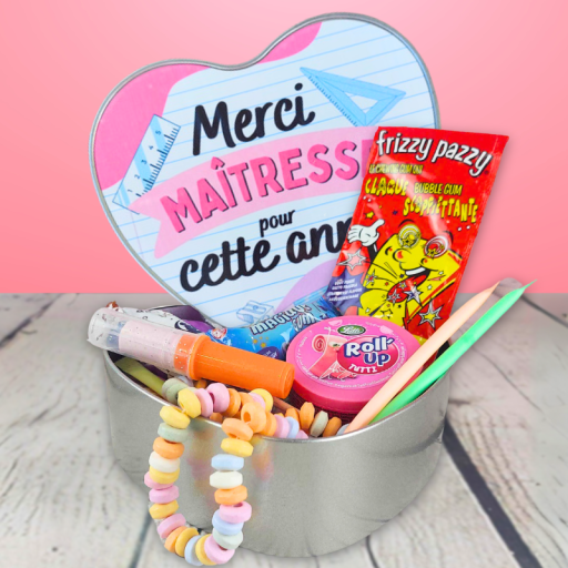 Coffret bonbons rétro coeur - Merci Maîtresse pour cette année