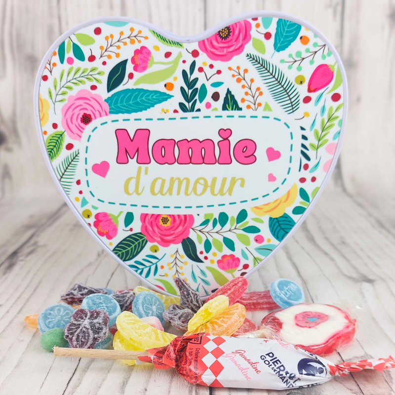 Coffret bonbons rétro coeur - Mamie d'amour