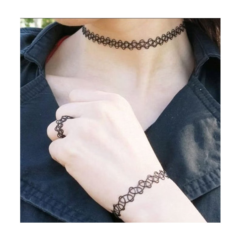 Collier ras du cou effet tatouage (avec bracelet + bague)