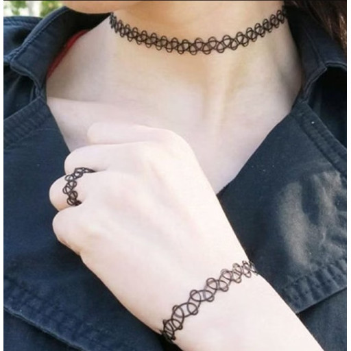 Collier ras du cou effet tatouage (avec bracelet + bague)